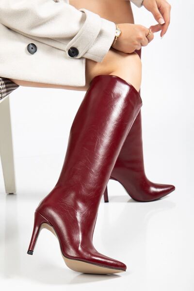 ELLOLİTA LUXURY SHOES Syt-2004 Burgundy Wrinkled Patent Leather Daily Boots