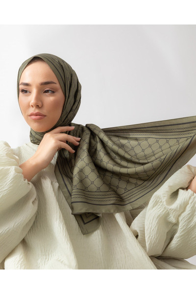 Silk Home Monogram desenli %100 Twill İpek Şal - Yeşil-Siyah