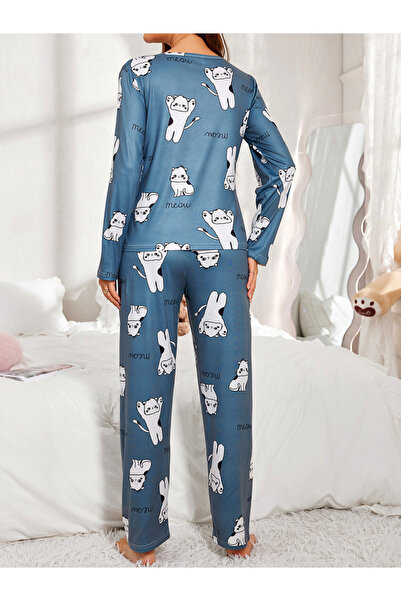 Take Two By Styli Blue Cat Print Long Sleeve T-Shirt and Pyjama Set