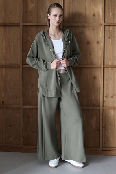 VAGGON Women's Khaki High Waist Double Pocket Palazzo Woven Trousers Vs01426