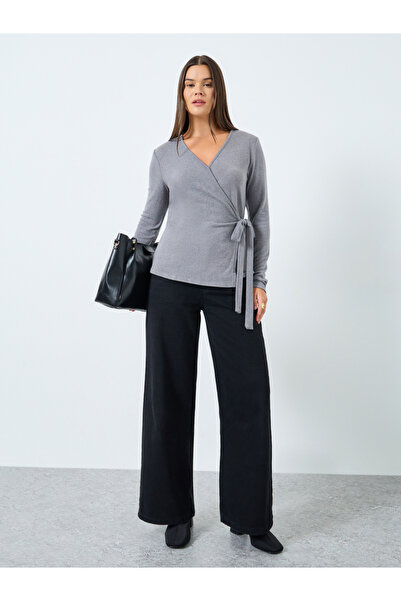 Styli Grey Plain Long Sleeve Knitted Wrap Top