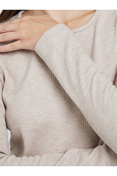 Styli Cream Flat Knit Top with Long Sleeves