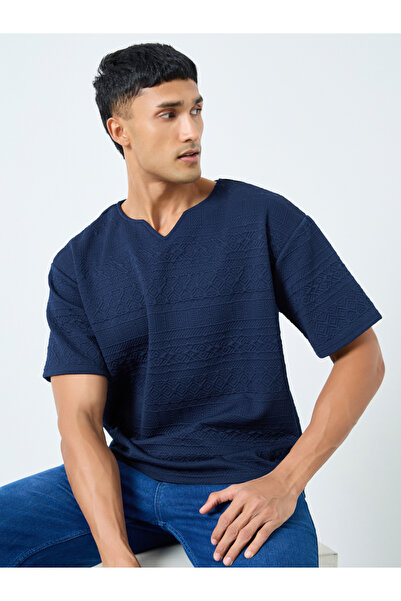 Styli Navy Blue Textured Oversized Notch Neck T-Shirt