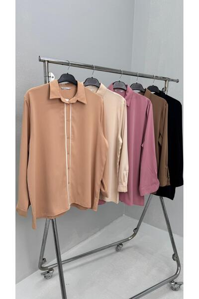 Koza Butik Women's Large Size Long Sleeve Front Break Piped Detail Flowy Fabric Shirt 1991