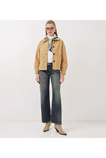 hazelin Γυναικείο κοντό κασετένιο μπουφάν με κουμπιά καμήλας HZL25W-BD107131