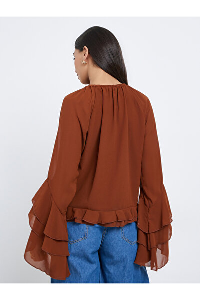 Styli Brown Solid Frill Detailing Bell Sleeves Chiffon Blouse