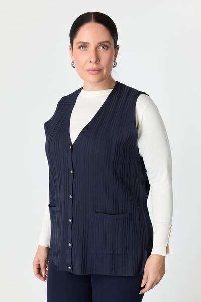 accort Büyük Beden Cep Detaylı Triko Yelek-LACI