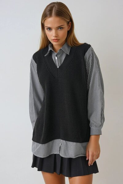 VAGGON Kadın Siyah Gömlek Detaylı V Yaka Triko Süveter Bluz Vs01439