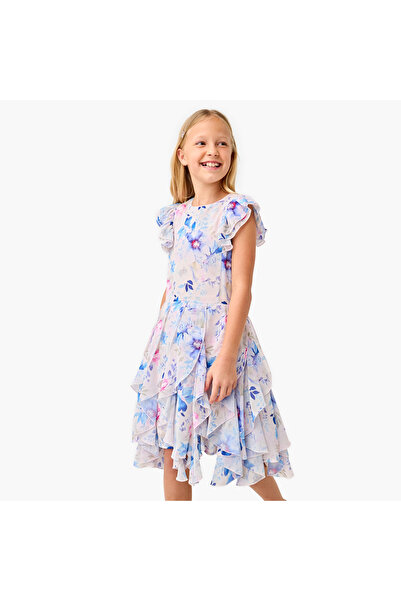 Juniors All-Over Floral Print A-Line Dress with Ruffle Detail