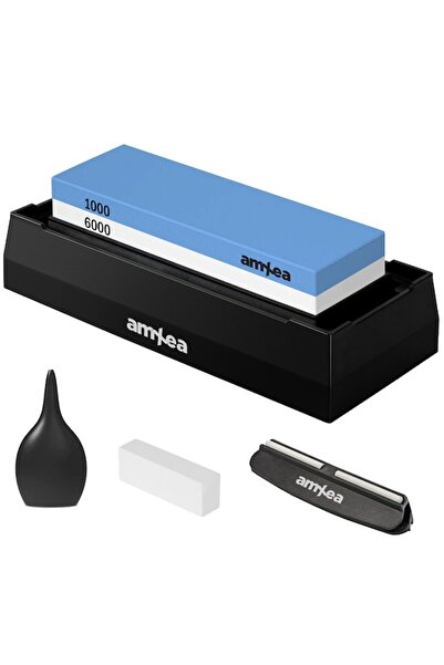 amXea Knife Sharpening Stone 1000/6000, 2 Grits, Angle Guide, Water Pump, Non-slip Base