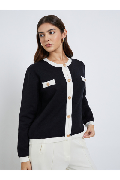 Styli Black Regular Fit Cardigan with Contrast Trim