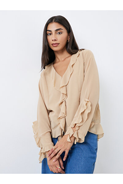 Styli Beige Frill Detail V Neck Chiffon Blouse
