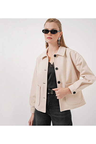 hazelin Women's Cream Buttoned Pocket Short Cashmere Jacket Hzl25W-Bd107131