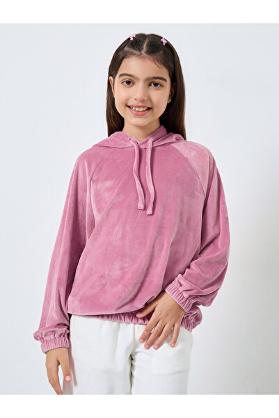 Styli Teens Dark Pink Solid Velvet Look Hoodie
