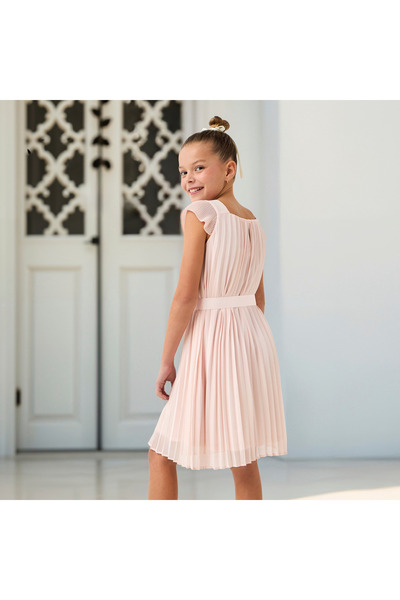 Juniors Pleated Dress with Floral Applique and Tie-Up Belt
