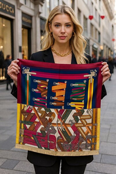 Axesoire 14925 Zincir Desenli Bordo Çift Tarafı Baskılı Bandana Fular 90x90 cm
