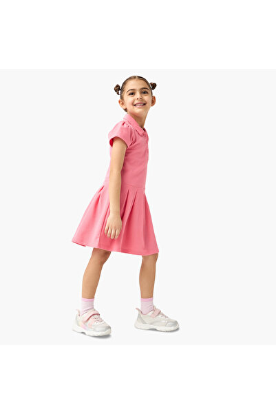 Juniors Textured Polo Dress with Short Sleeves and Button Closure