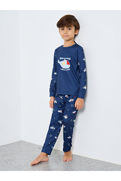 Styli Navy Blue Printed Long Sleeve T-Shirt and Pyjama Set