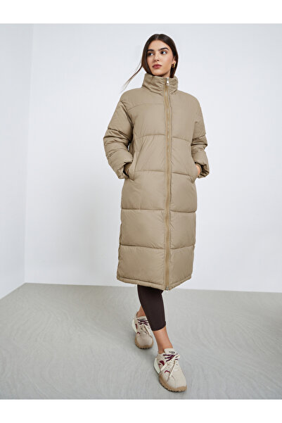 Styli Beige Oversized Padded Coat with Side Pockets