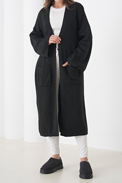 VAGGON Women's Black Wide Sleeve Double Pocket Long Knitwear Cardigan Vs01436