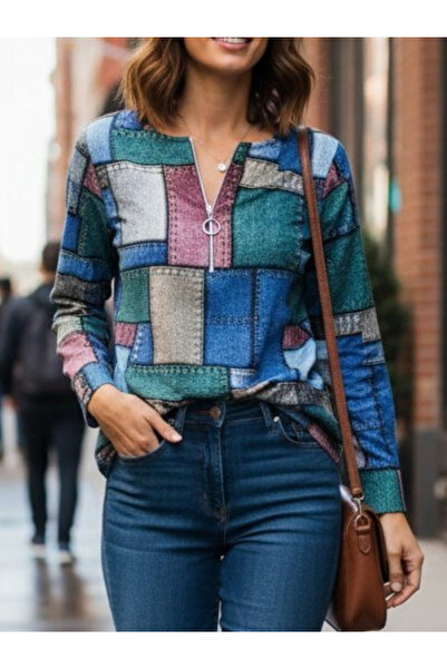 Viyamo Yeni Sezon Kadın Modal Bluz Uzun Kollu Yakadan Fermuarlı Kot Desenli M...