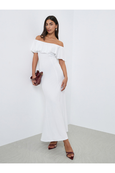 Styli White Off Shoulder Ruffle Maxi Dress