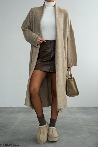 Lupies سترة نسائية طويلة منسوجة بياقة شال من فرو المنك