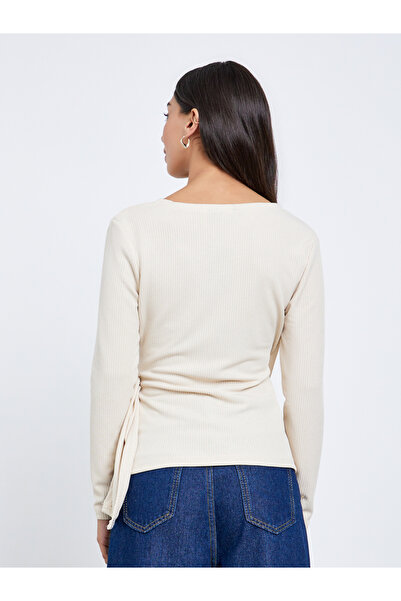 Styli Beige Ribbed Wrap Top with Tie Detail