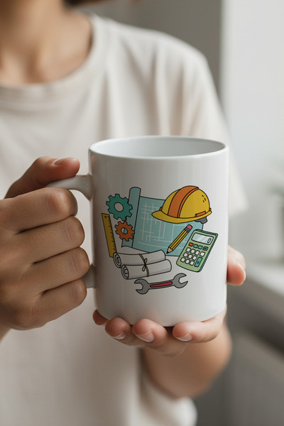 MeshCraft3D Mühendise Özel Hediye – Dişli ve Baret Figürlü Baskılı Kupa Barda...