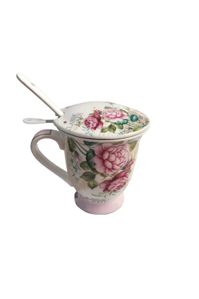 Cadouridiversity Cană fină din ceramică cu infuzor și linguriță, imprimeu flo...