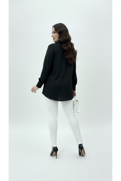 Koza Butik Women's Large Size Long Sleeve Front Break Piped Detail Flowy Fabric Shirt 1991