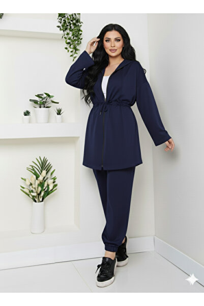 CNG MODA Plus Size Modal Fabric Binding Detail Zippered Hooded Tracksuit Set
