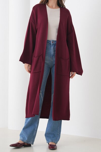 VAGGON Women's Burgundy Wide Sleeve Double Pocket Long Knitwear Cardigan Vs01436