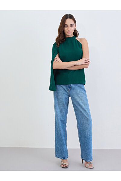 Styli Teal Cape Style One Shoulder Sleeve Blouse