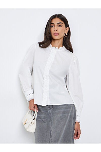 Styli Women White Ruffle Trim Long Sleeve Shirt