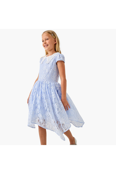 Juniors Lace Detail Asymmetric Dress with Cap Sleeves
