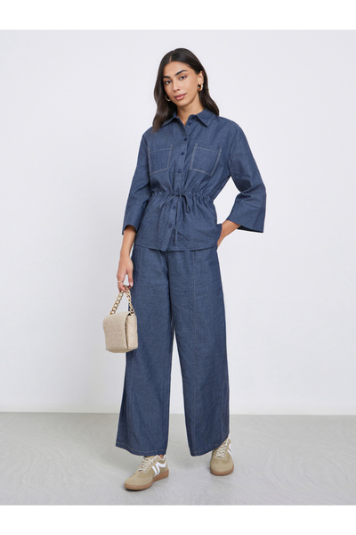 Styli Plain 3/4 Sleeve Denim Shirt with Drawcord Waist