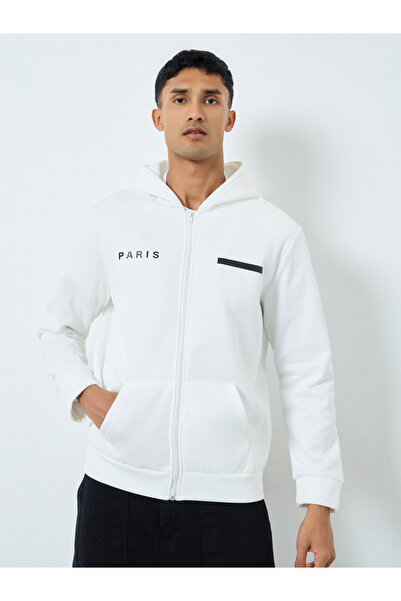 Take Two By Styli Men White Zip-Up Inner Fleece Hooded Jacket