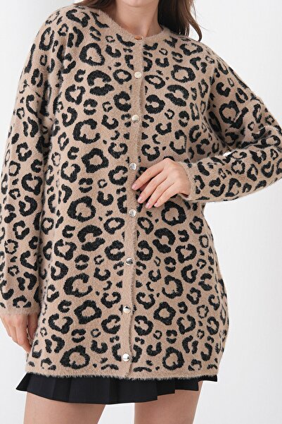 VAGGON Women's Beige Leopard Patterned Buttoned Soft Knit Cardigan Vs01446