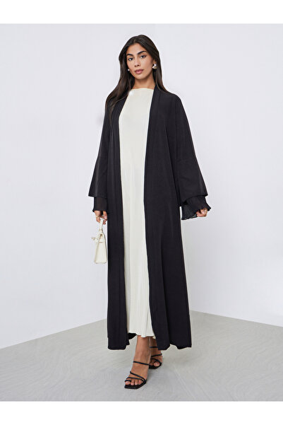 Styli Black Flared Sleeve Abaya with Plisse Detail