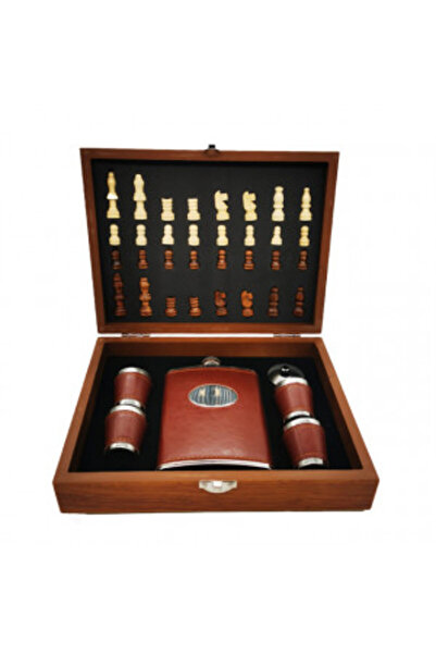velve GivesDrink's men's gift set - box with chess pieces, hip flask and 4 -leather glasses, brown