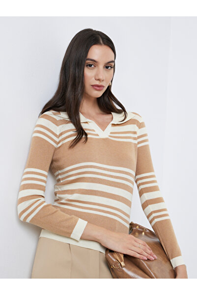 Take Two By Styli Open Collar Striped Knit Sweater