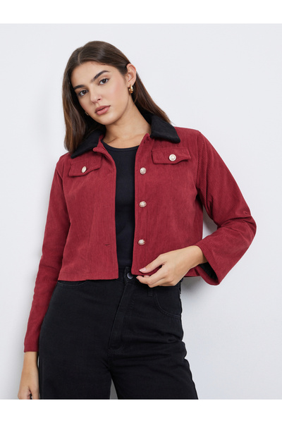 Styli Women Red Solid Cropped Corduroy Jacket with Contrast Collar