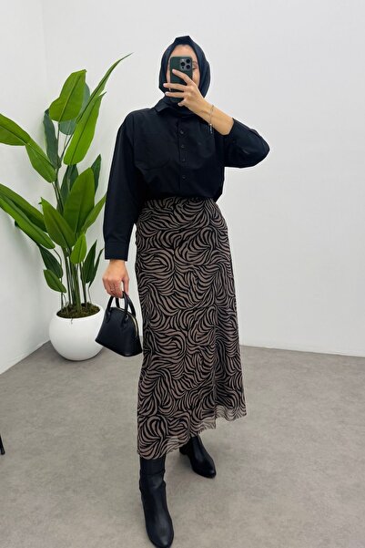 Yefrastore Women's Brown Zebra Printed Zippered Maxi Tulle Skirt with Back Elastic Detail