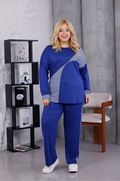 Siyezen Plus Size Striped Cotton Stretch Fabric Tracksuit Set