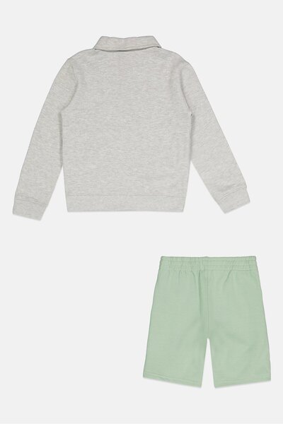 Reebok Kids Boy 2 Pieces Brand Logo Long Sleeve Polo Shirt and Shorts Set, Grey/Sage Green