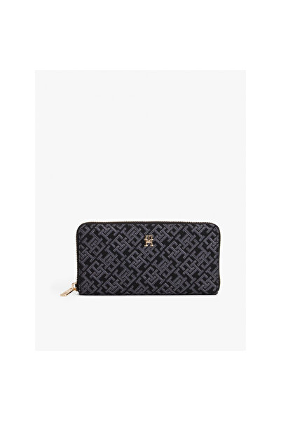 Tommy Hilfiger Women's Th Monogram Logo Patterned Zippered Interior Compartment Black Wallet Aw0Aw17956-Bds