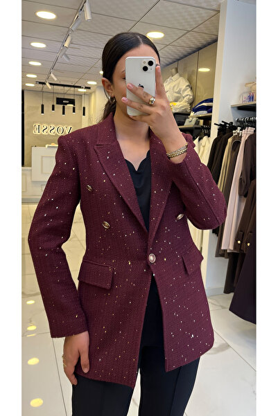 Vosse Moda İlgi Bordo Simli Tüvid Blazer Ceket