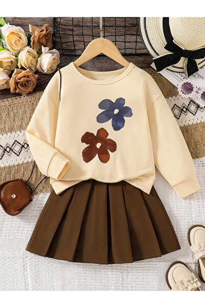 Take Two By Styli Girls Floral Sweatshirt and Pleated Skirt Set