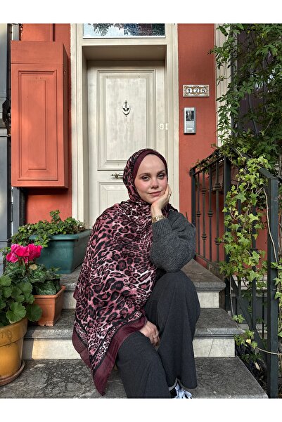 CUOCA LOUNGE Animal Print Leopar Desenli Bordo Bambu Kraş Şal